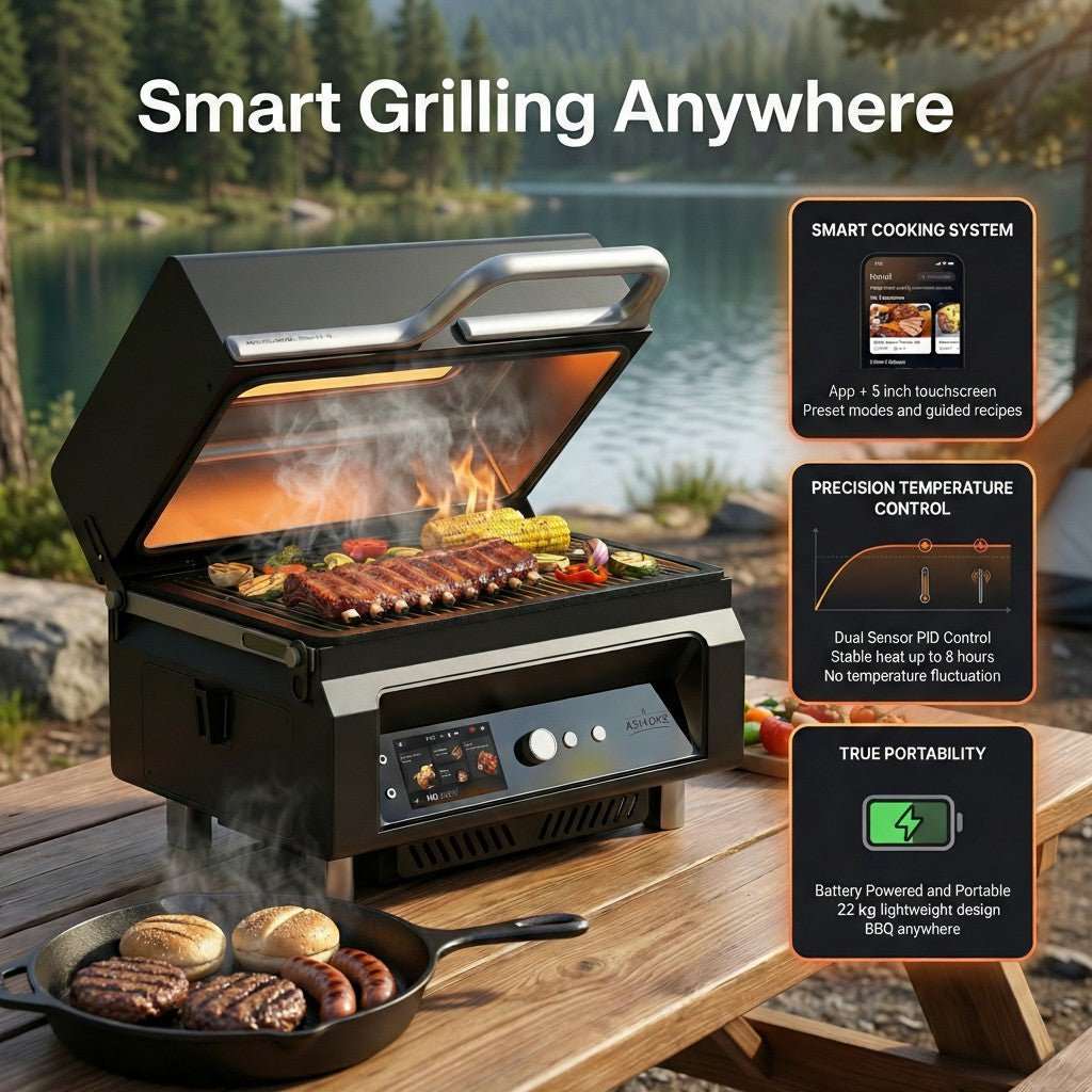 ASMOKE Essential Portable Smart Pellet Grill & Smoker + Assorted Flavors 20LBs (9kg) Premium Wood Pellets (Oak/Cherry/Apple) | Home & Garden > BBQ > BBQs & Accessories