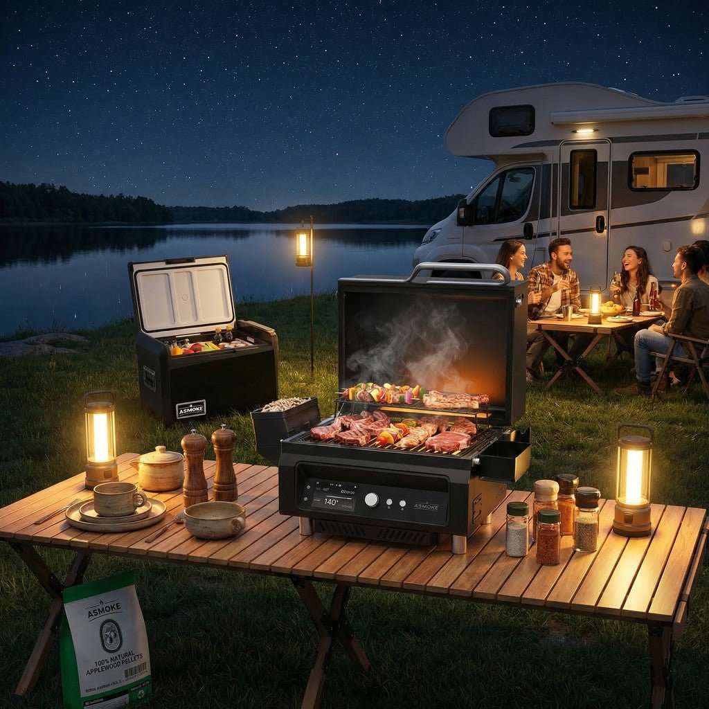 ASMOKE Essential Portable Wood Pellet Grill & 47L Mini Fridge Bundle + 5lb Apple Wood Pellets | Home & Garden > BBQ > BBQs & Accessories