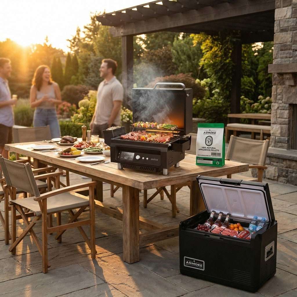 ASMOKE Essential Portable Wood Pellet Grill & 47L Mini Fridge Bundle + 5lb Apple Wood Pellets | Home & Garden > BBQ > BBQs & Accessories