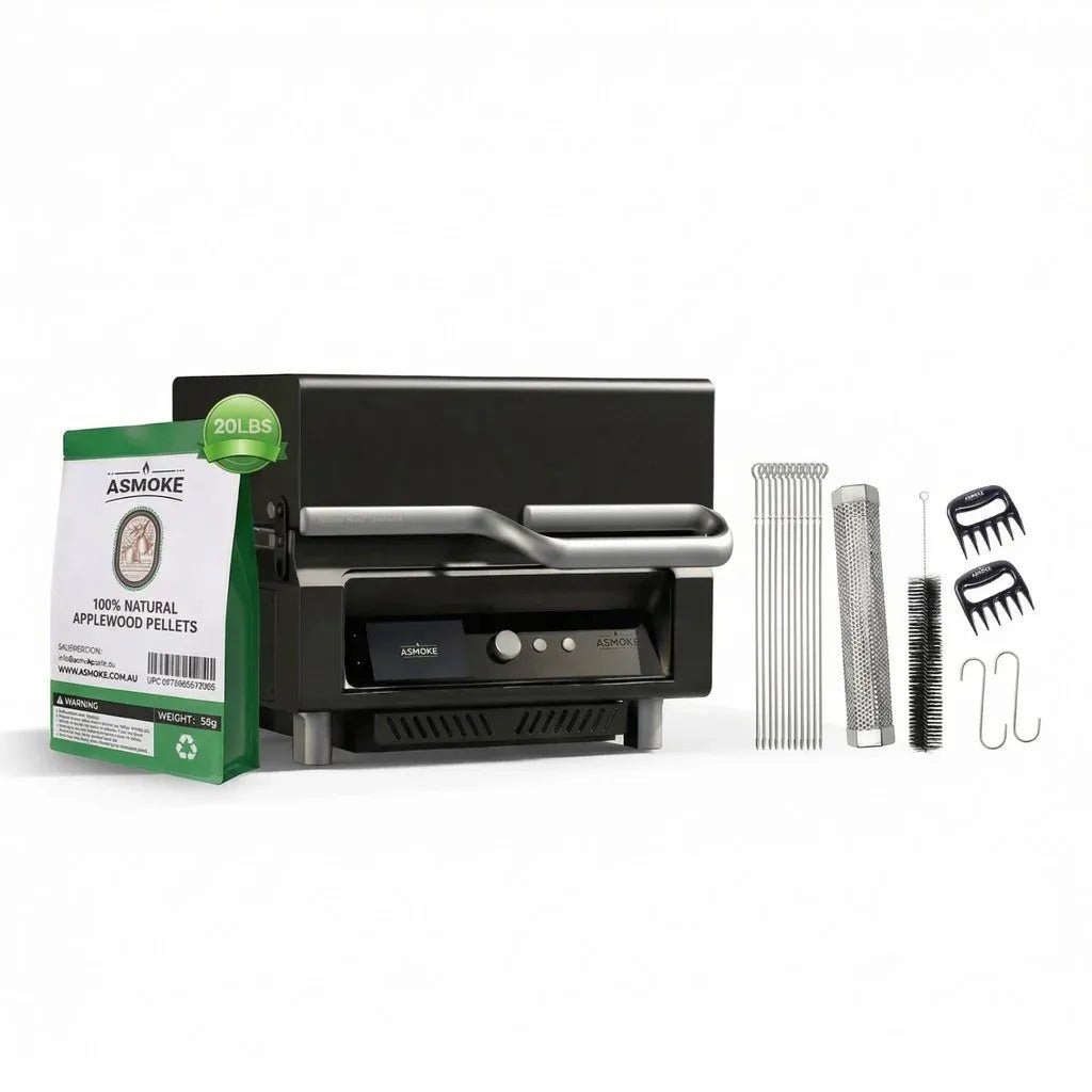 ASMOKE Essential Smart Portable Wood Pellet Grill & Pitmaster Accessory Bundle - Includes 10x Skewers, Heavy-Duty Meat Claws, Smoke Tube & 20lb Applewood Pellets | Home & Garden > BBQ > BBQs & Accessories