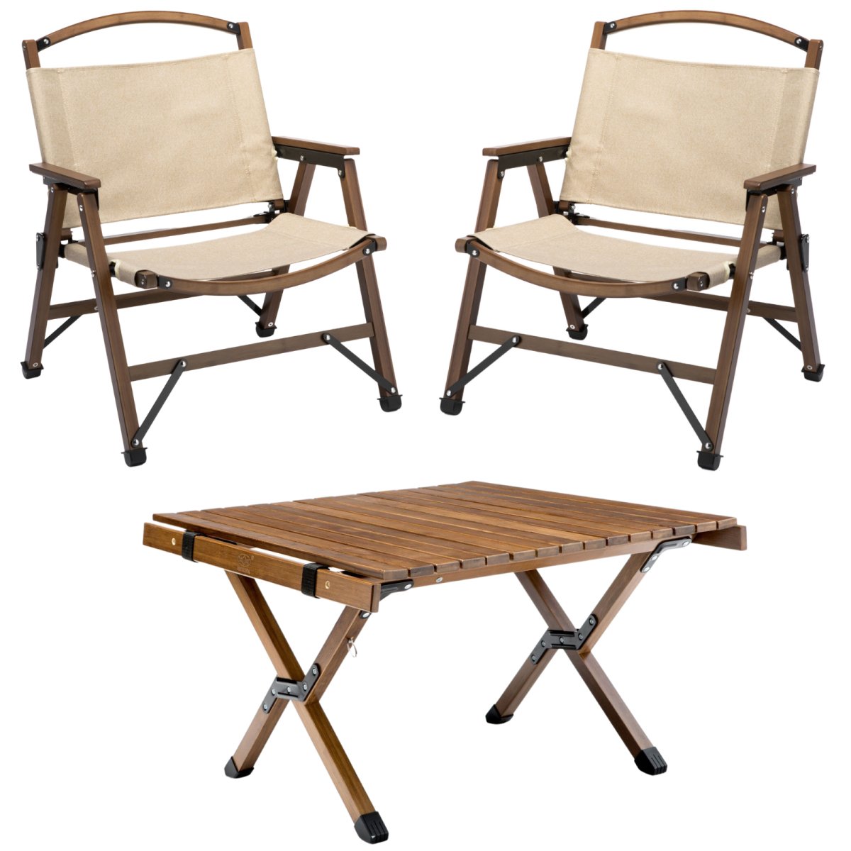 Bamboo Foldable Camping Table + 2 Chairs Waterproof Wood Wooden Travel Set Kit - Outdoorium