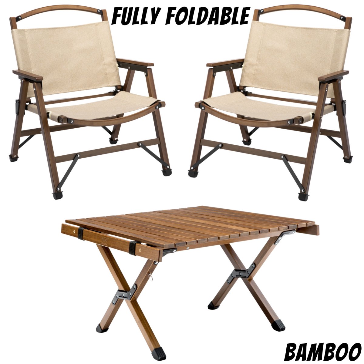 Bamboo Foldable Camping Table + 2 Chairs Waterproof Wood Wooden Travel Set Kit - Outdoorium