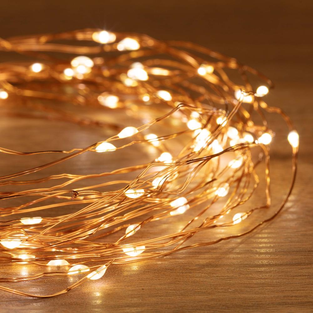 Battery Operated 100 LED Wire Pin Lights – 10m, available in 3 Colors - Warm White - Outdoorium