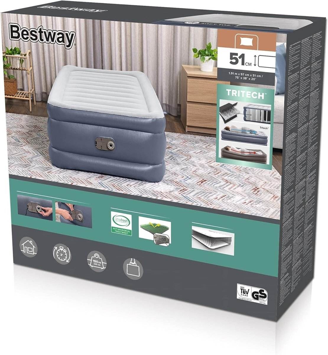 Bestway 1.91m x 97m x 51cm Tritech Air Inflatable Mattress Twin Built - in AC Pump - Outdoorium