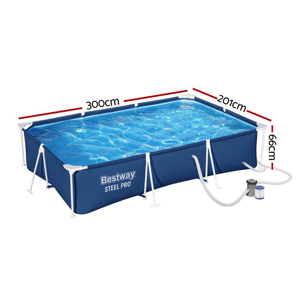 Bestway Swimming Pool 300x201x66cm Steel Frame Above Ground Pools w/ Filter Pump 3300L - Outdoorium