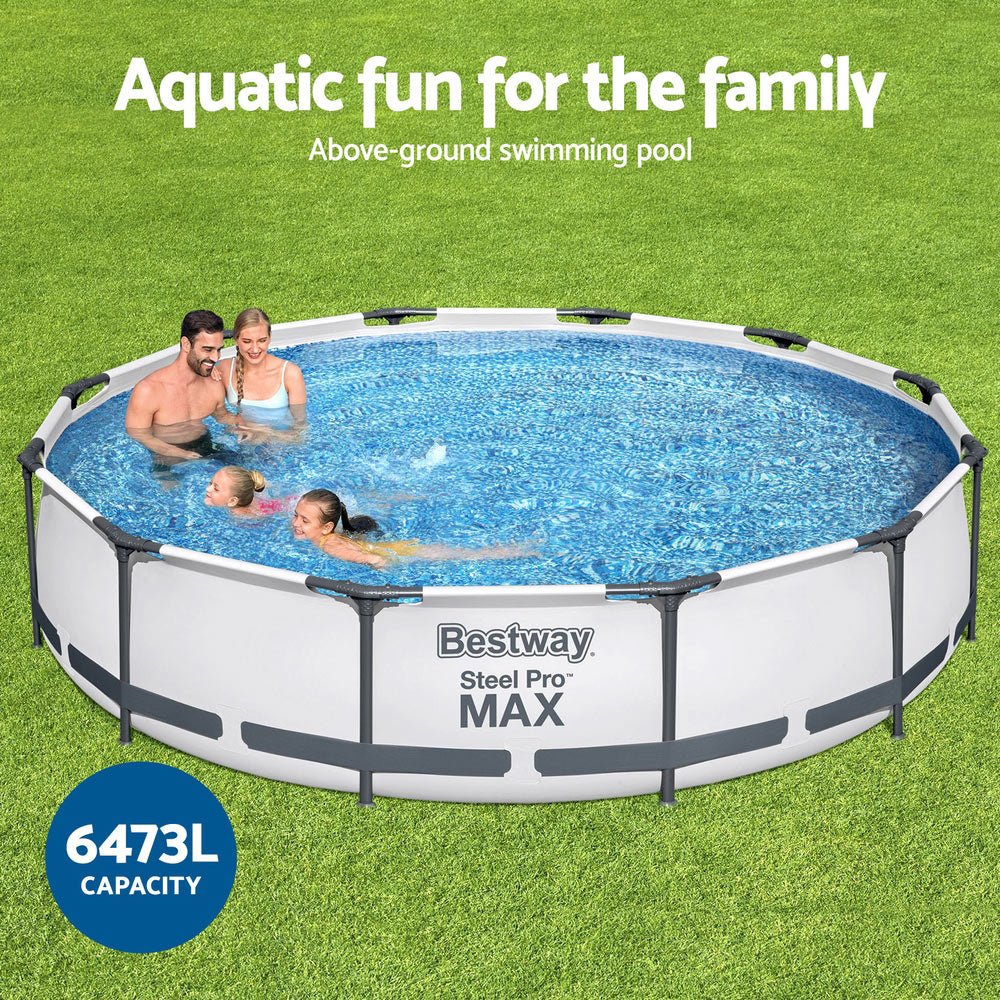 Bestway Swimming Pool 366x76cm Steel Frame Round Above Ground Pools w/ Filter Pump 6473L - Outdoorium