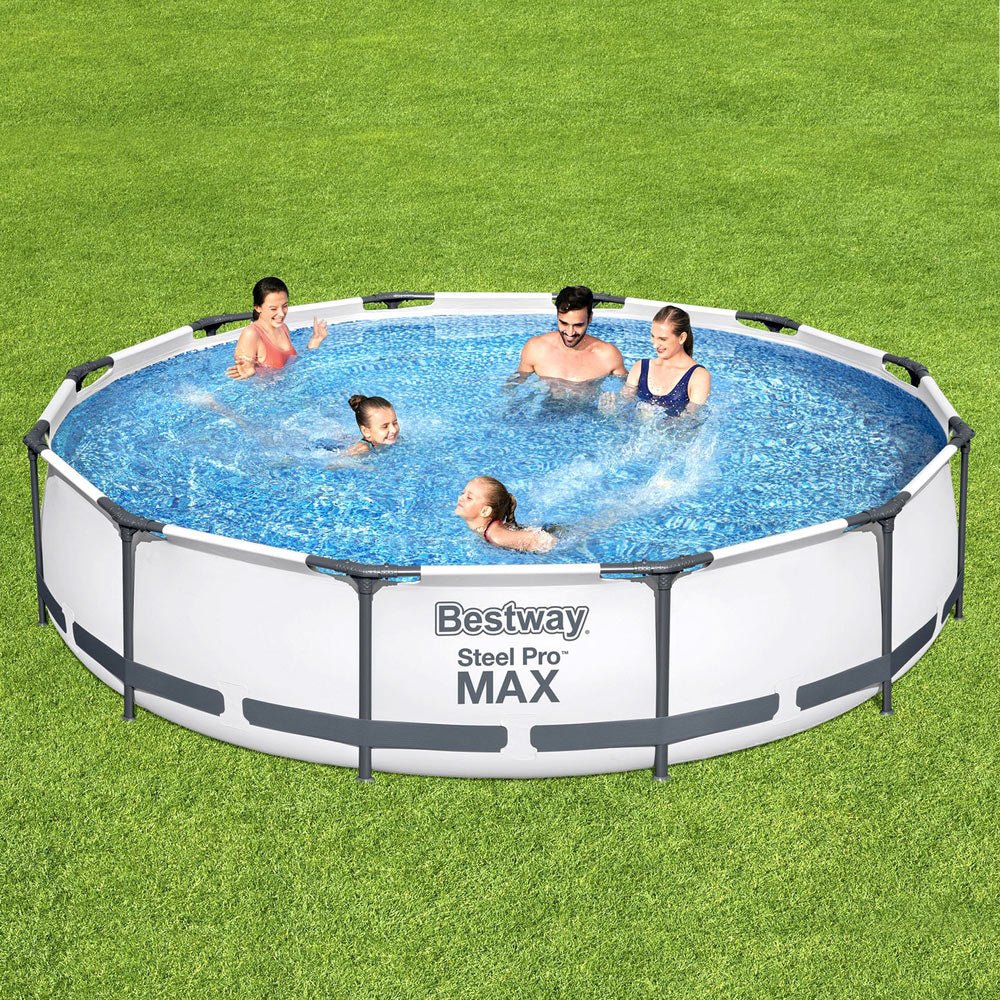 Bestway Swimming Pool 366x76cm Steel Frame Round Above Ground Pools w/ Filter Pump 6473L - Outdoorium