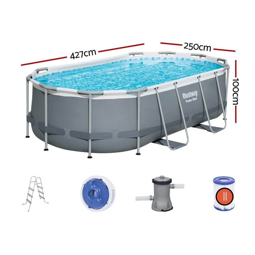Bestway Swimming Pool 427x250x100cm Steel Frame Above Ground Pools Filter Pump Ladder 7250L | Outdoorium