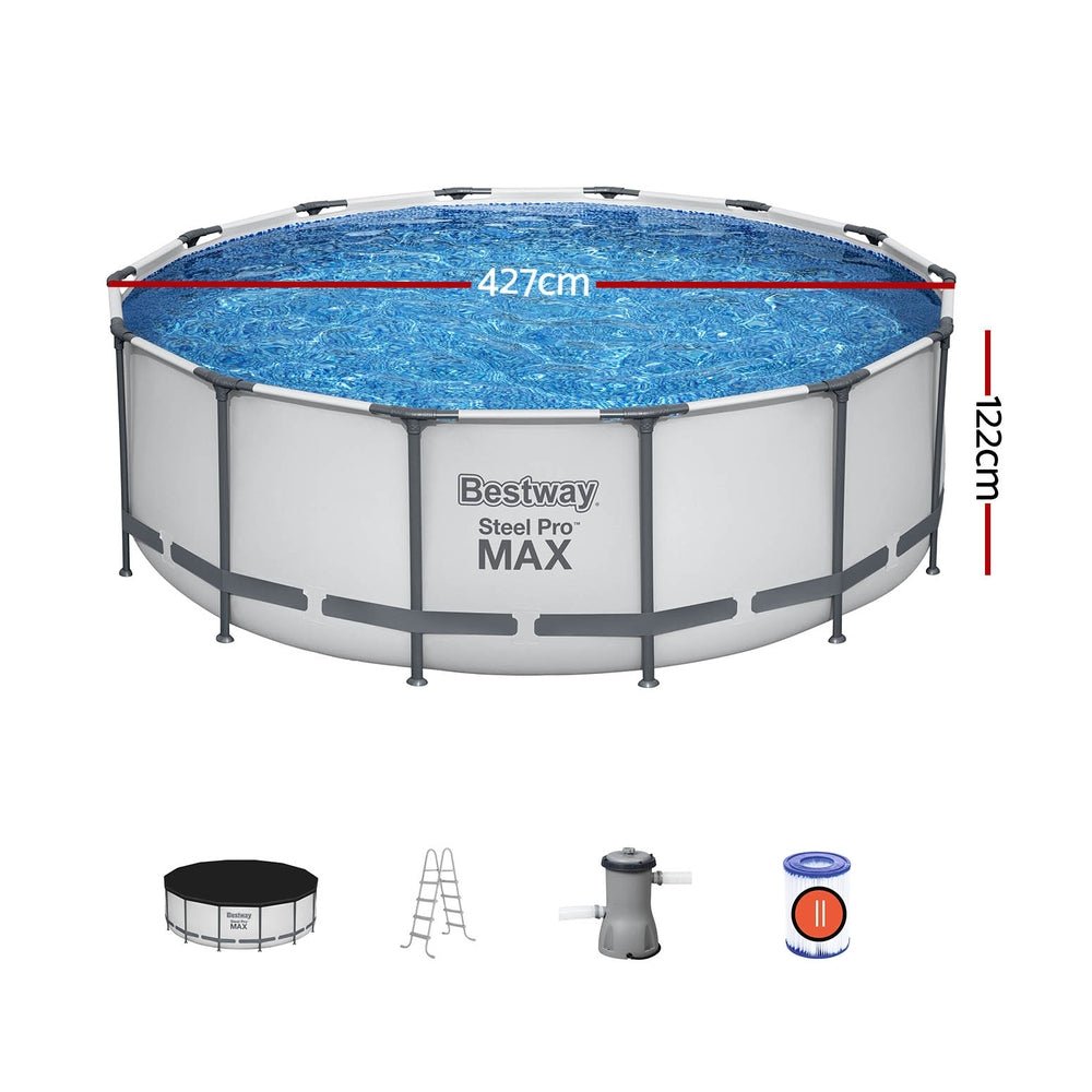 Bestway Swimming Pool 427x427x122cm Steel Frame Above Ground Pools Round Filter Pump Ladder - Outdoorium