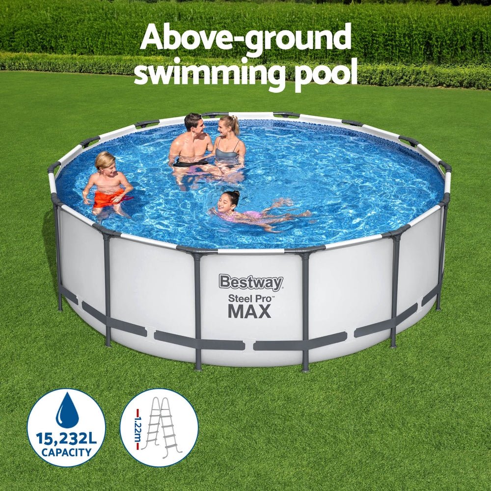 Bestway Swimming Pool 427x427x122cm Steel Frame Above Ground Pools Round Filter Pump Ladder - Outdoorium