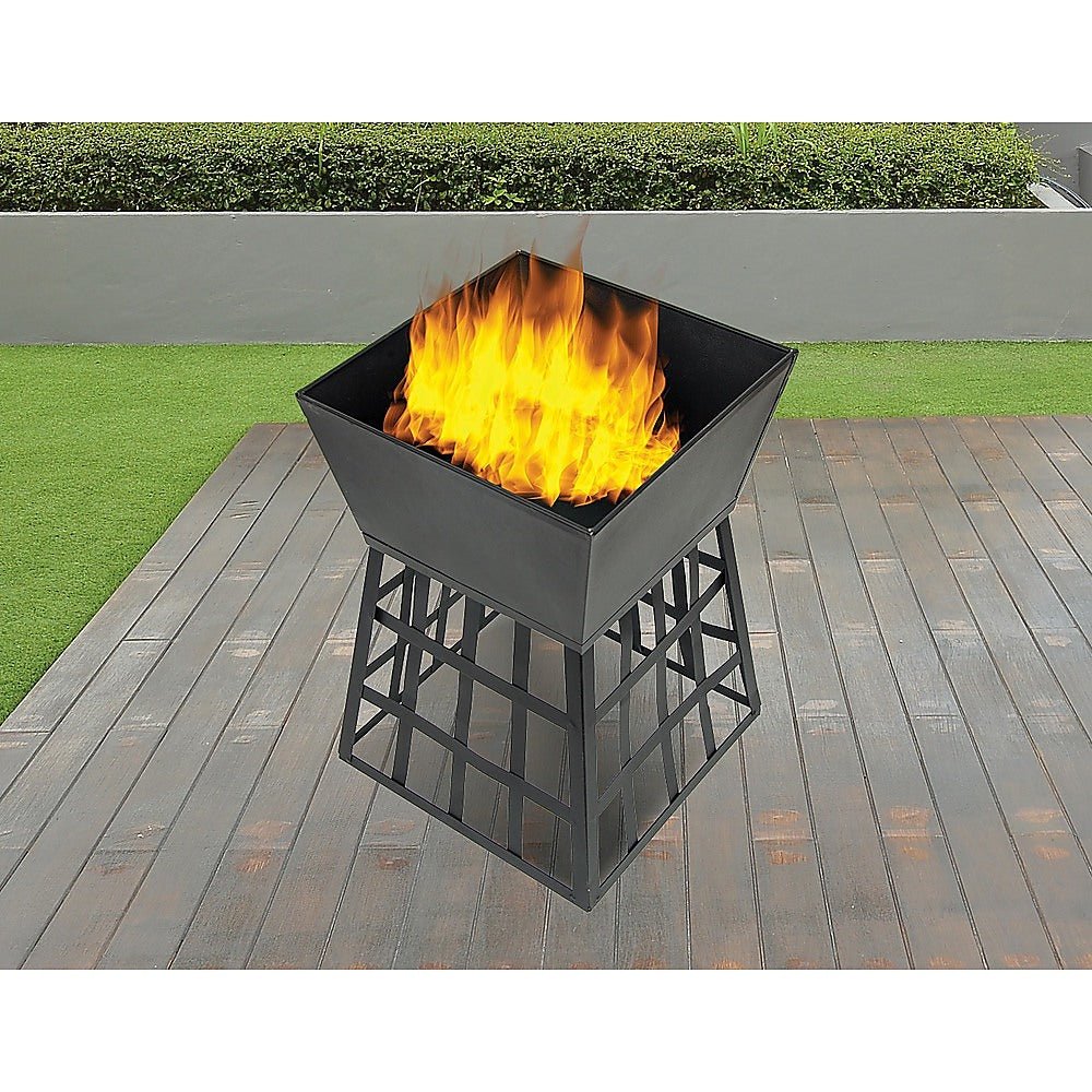 Black Fire Pit Square Log Patio Garden Heater Outdoor Table Top BBQ Camping - Outdoorium