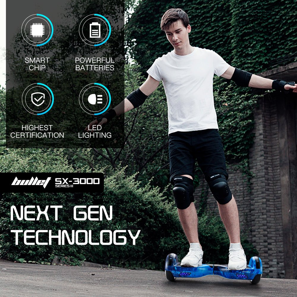 BULLET Electric Hoverboard Scooter 6.5 Inch Wheels, Colour LED Lighting, Carry Bag, Gen III Blue Galaxy - Outdoorium