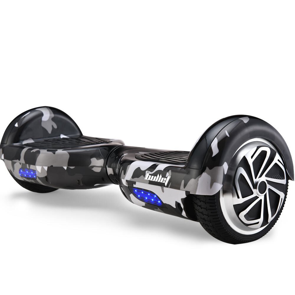 BULLET Electric Hoverboard Scooter 6.5 Inch Wheels, Colour LED Lighting, Carry Bag, Gen III Camo Grey - Outdoorium