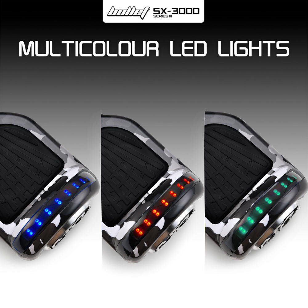BULLET Electric Hoverboard Scooter 6.5 Inch Wheels, Colour LED Lighting, Carry Bag, Gen III Camo Grey | Outdoorium