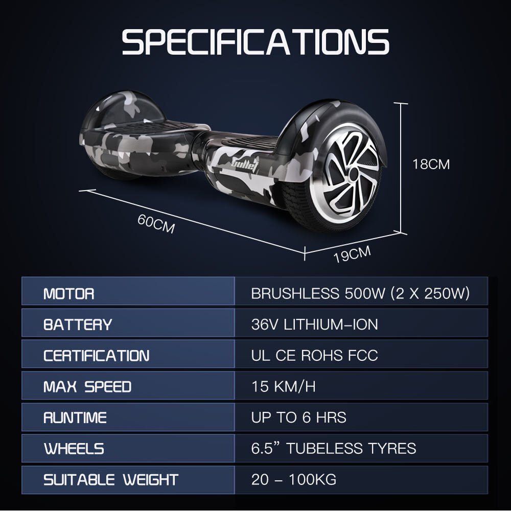 BULLET Electric Hoverboard Scooter 6.5 Inch Wheels, Colour LED Lighting, Carry Bag, Gen III Camo Grey | Outdoorium