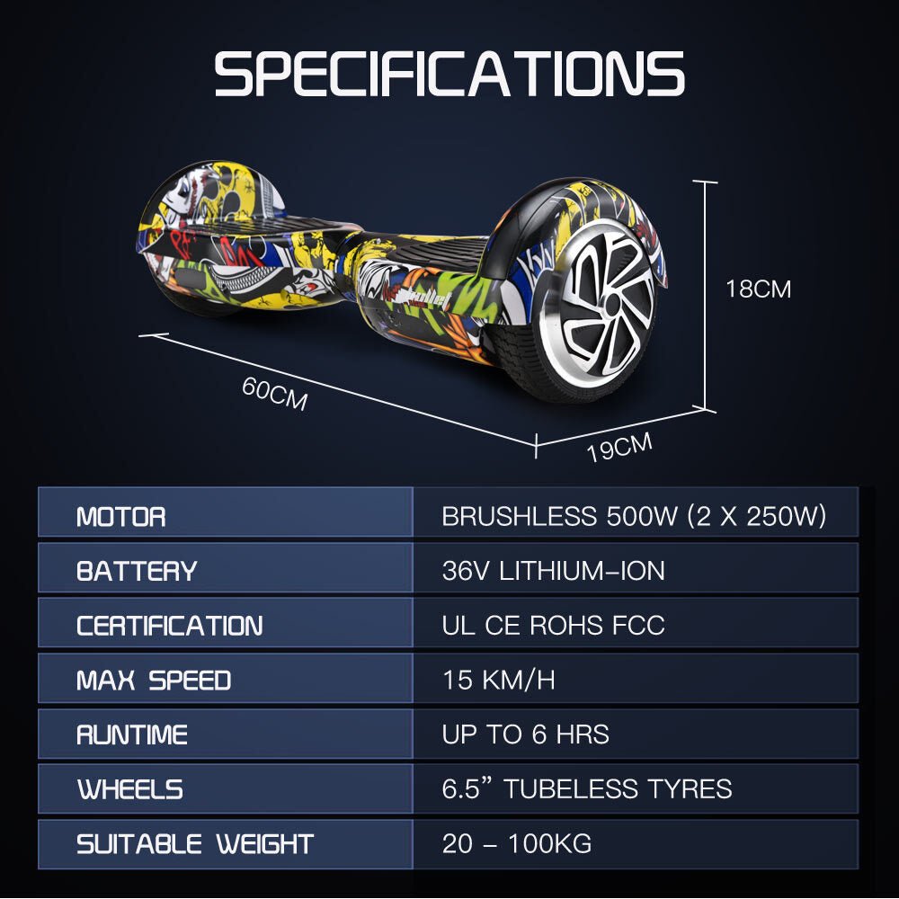 BULLET Electric Hoverboard Scooter 6.5 Inch Wheels, Colour LED Lighting, Carry Bag, Gen III Hiphop design | Outdoorium