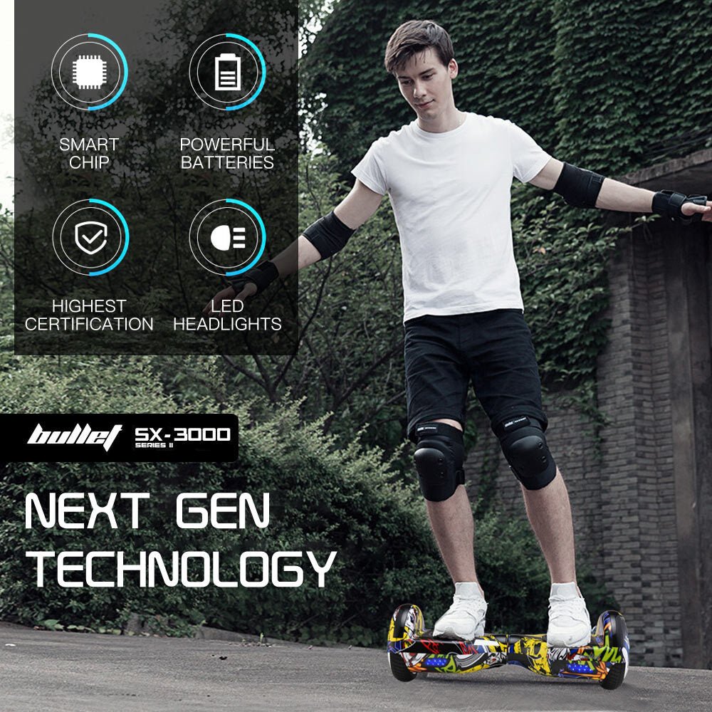 BULLET Electric Hoverboard Scooter 6.5 Inch Wheels, Colour LED Lighting, Carry Bag, Gen III Hiphop design - Outdoorium