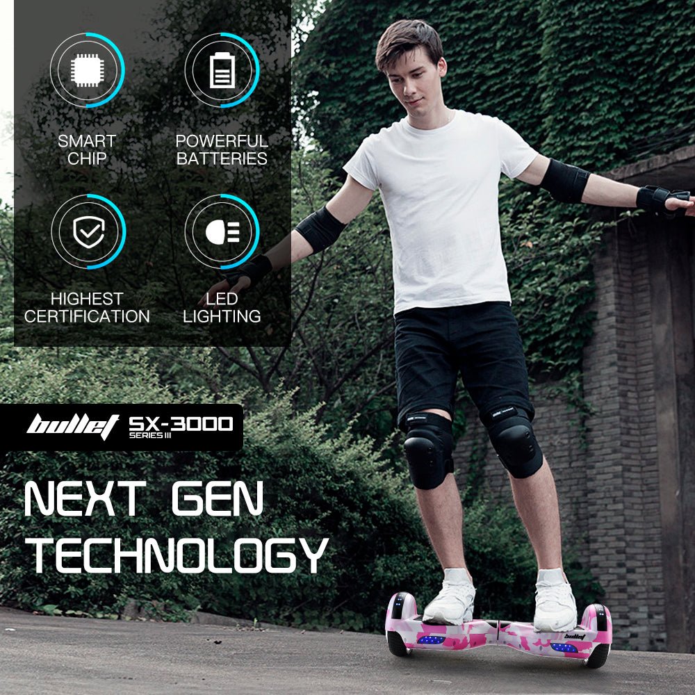 BULLET Electric Hoverboard Scooter 6.5 Inch Wheels, Colour LED Lighting, Carry Bag, Gen III Pink Camo - Outdoorium