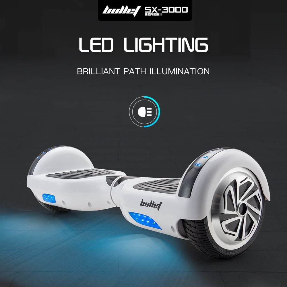 BULLET Hoverboard Electric Scooter 6.5 Inch Wheels Self Balancing Gen III White Free Carry Bag - Outdoorium