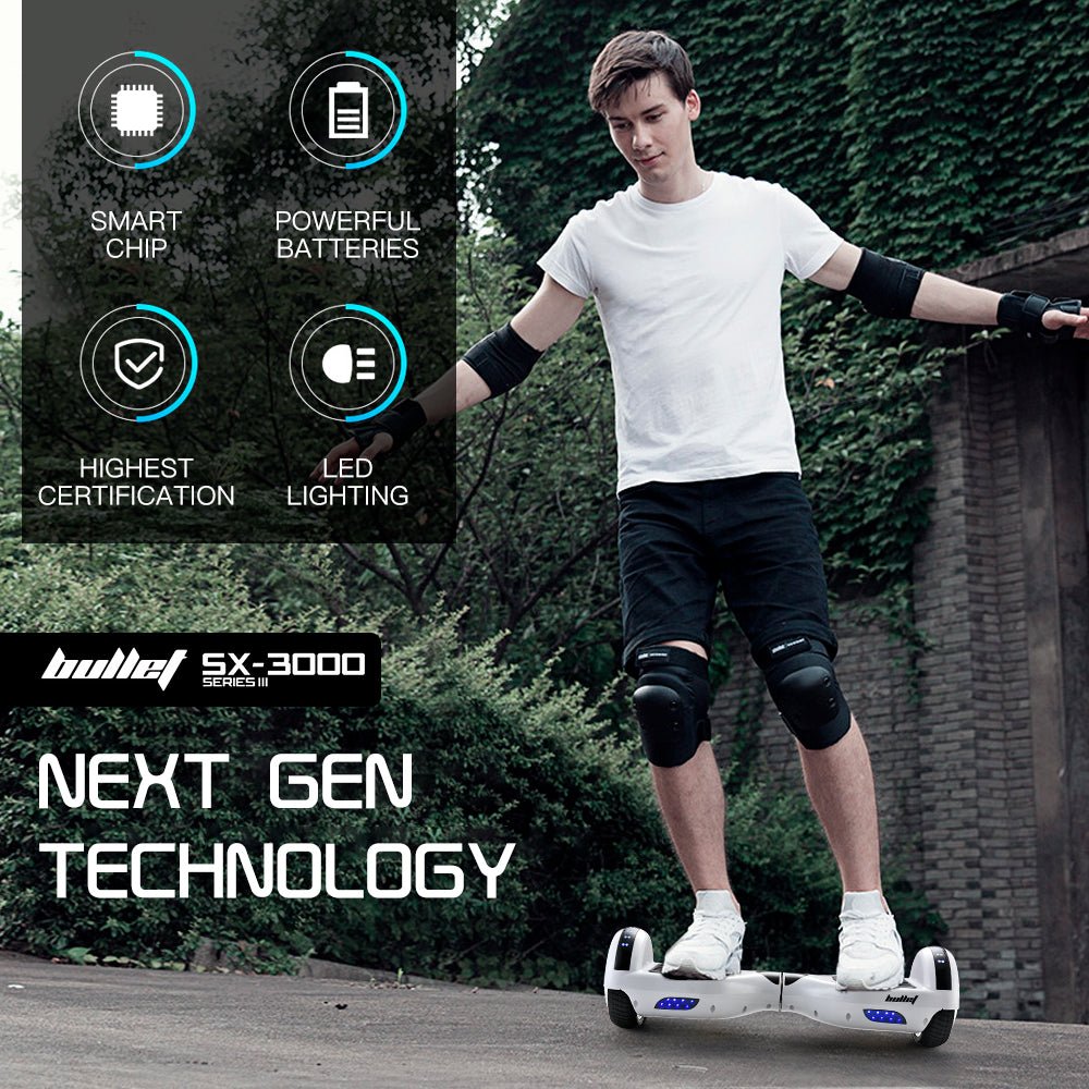 BULLET Hoverboard Electric Scooter 6.5 Inch Wheels Self Balancing Gen III White Free Carry Bag - Outdoorium