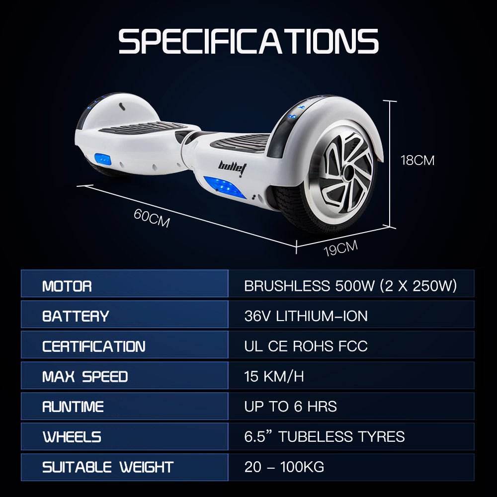 BULLET Hoverboard Electric Scooter 6.5 Inch Wheels Self Balancing Gen III White Free Carry Bag - Outdoorium