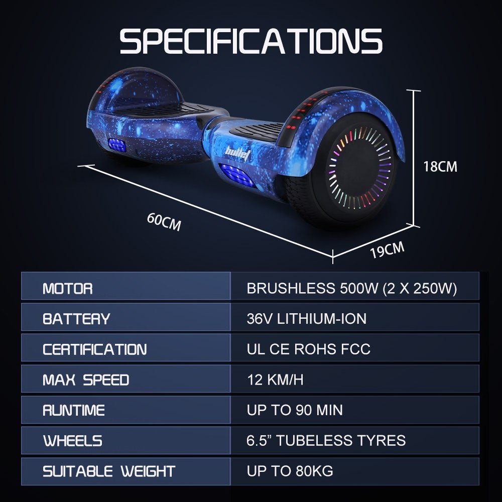 BULLET SX - 2000 Hoverboard Scooter, 500W Brushless, Superior Self Balancing System, UL Certified, LED Lights, Blue Galaxy | Outdoorium