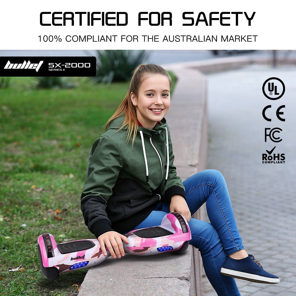 BULLET SX - 2000 Hoverboard Scooter, 500W Brushless, Superior Self Balancing System, UL Certified, LED Lights, Pink Camo | Outdoorium
