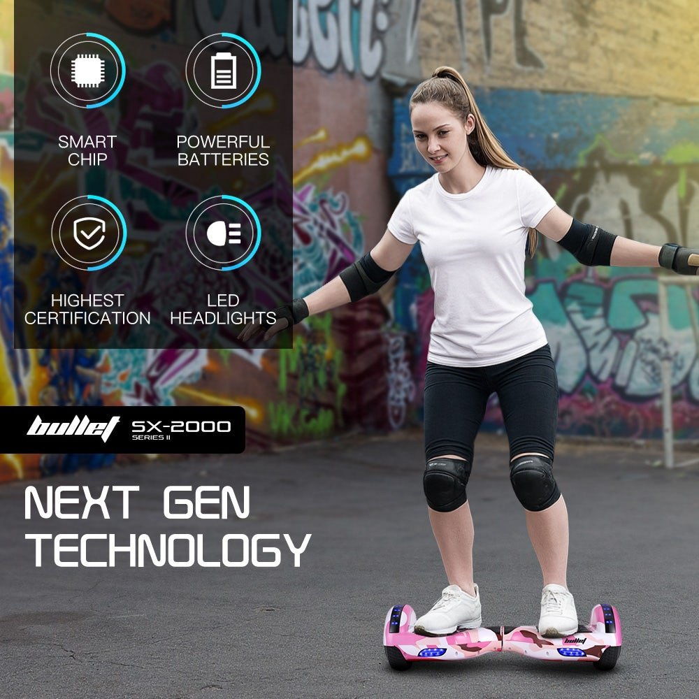 BULLET SX - 2000 Hoverboard Scooter, 500W Brushless, Superior Self Balancing System, UL Certified, LED Lights, Pink Camo | Outdoorium