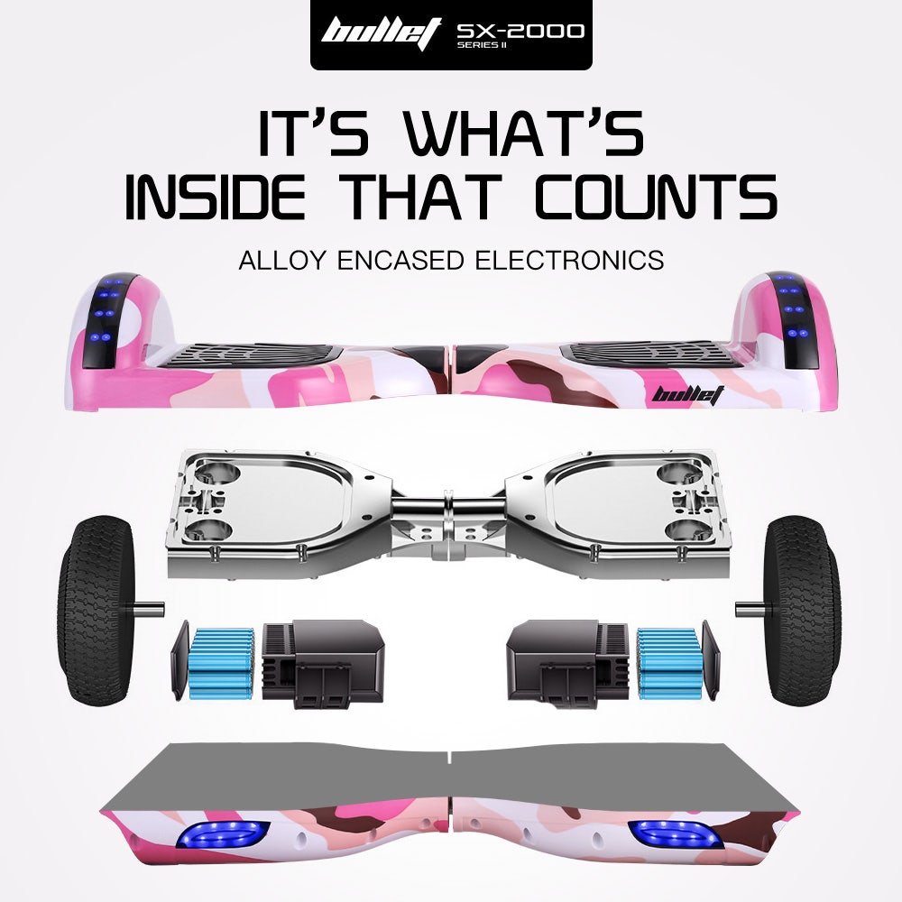 BULLET SX - 2000 Hoverboard Scooter, 500W Brushless, Superior Self Balancing System, UL Certified, LED Lights, Pink Camo | Outdoorium