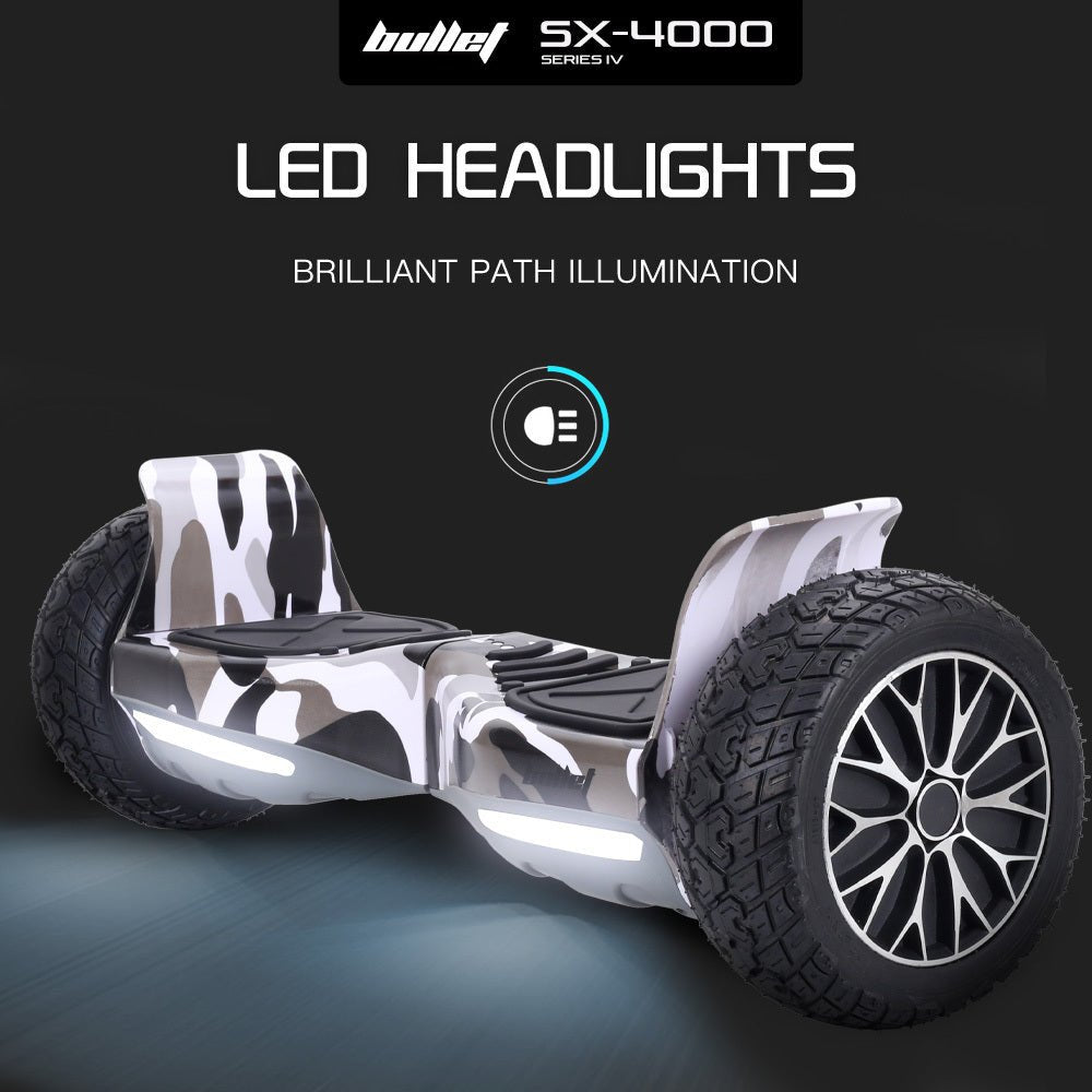 BULLET SX - 4000 Hoverboard Scooter, 8.5" Wheels, 700W Brushless, Superior Self Balancing System, UL Certified, LED Lights, Carry Bag, Camo | Outdoorium