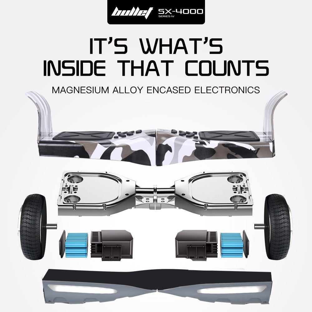 BULLET SX - 4000 Hoverboard Scooter, 8.5" Wheels, 700W Brushless, Superior Self Balancing System, UL Certified, LED Lights, Carry Bag, Camo | Outdoorium
