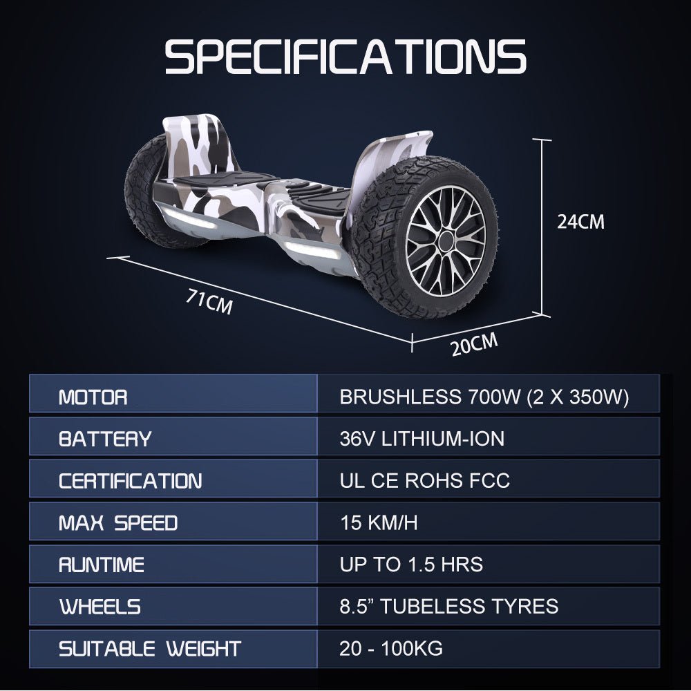 BULLET SX - 4000 Hoverboard Scooter, 8.5" Wheels, 700W Brushless, Superior Self Balancing System, UL Certified, LED Lights, Carry Bag, Camo | Outdoorium