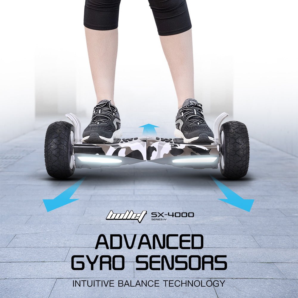 BULLET SX - 4000 Hoverboard Scooter, 8.5" Wheels, 700W Brushless, Superior Self Balancing System, UL Certified, LED Lights, Carry Bag, Camo | Outdoorium