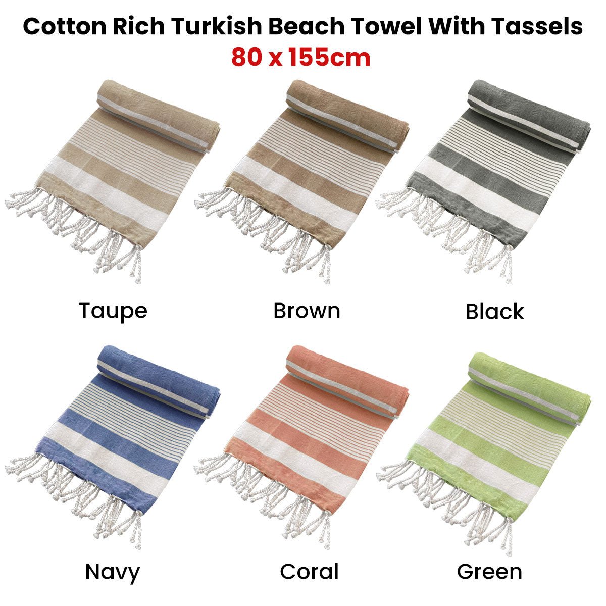 Cotton Rich Large Turkish Beach Towel with Tassels 80cm x 155cm Black - Outdoorium