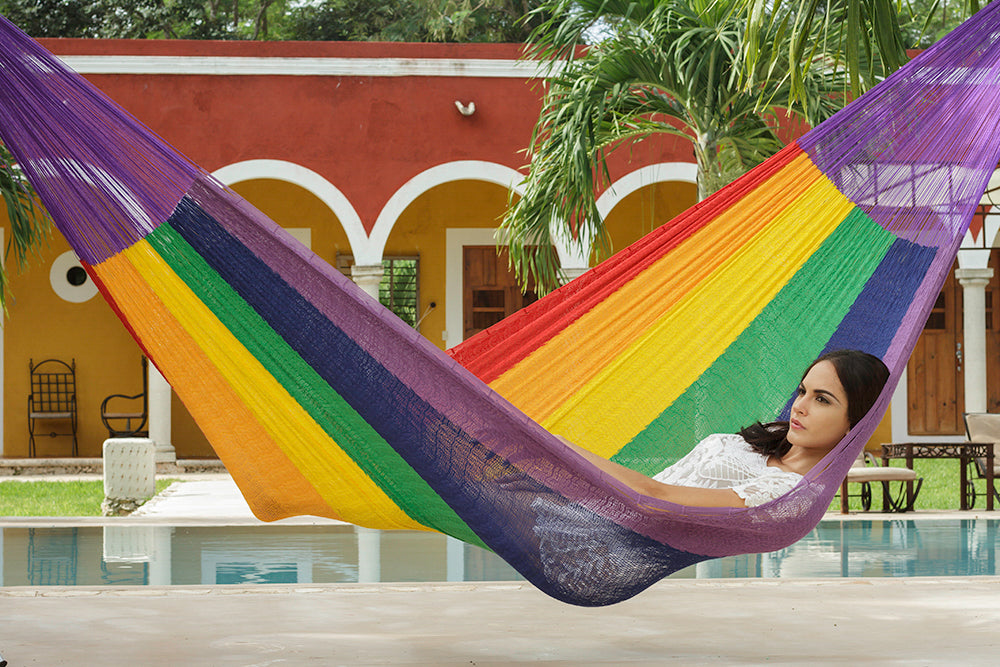 Mayan Legacy Single Size Cotton Mexican Hammock in Rainbow Colour