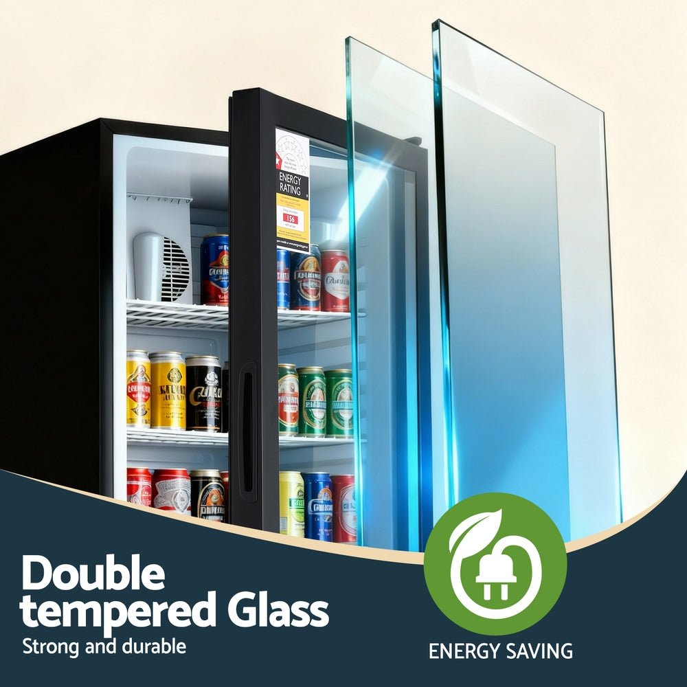 Devanti 105L Bar Fridge Glass Door Mini Fridge Countertop Cooler Black | Outdoorium