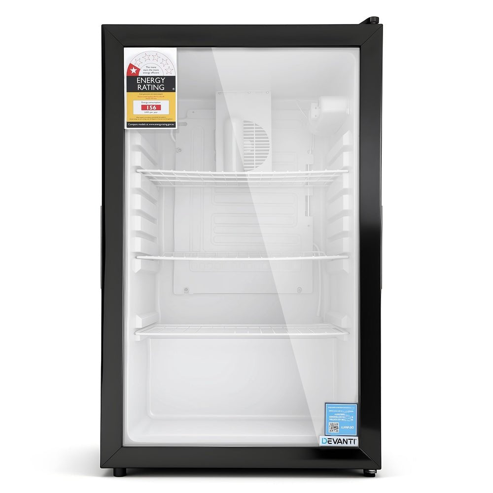Devanti 105L Bar Fridge Glass Door Mini Fridge Countertop Cooler Black | Outdoorium