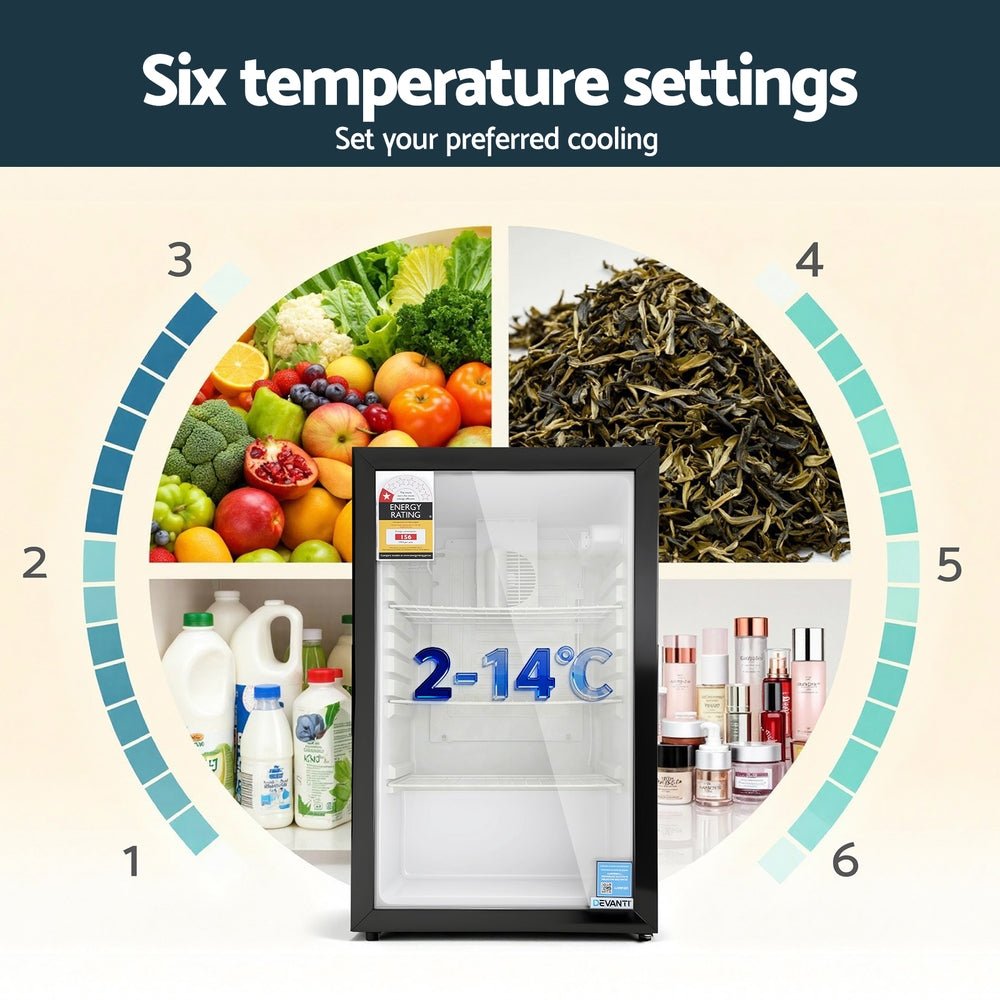 Devanti 105L Bar Fridge Glass Door Mini Fridge Countertop Cooler Black | Outdoorium
