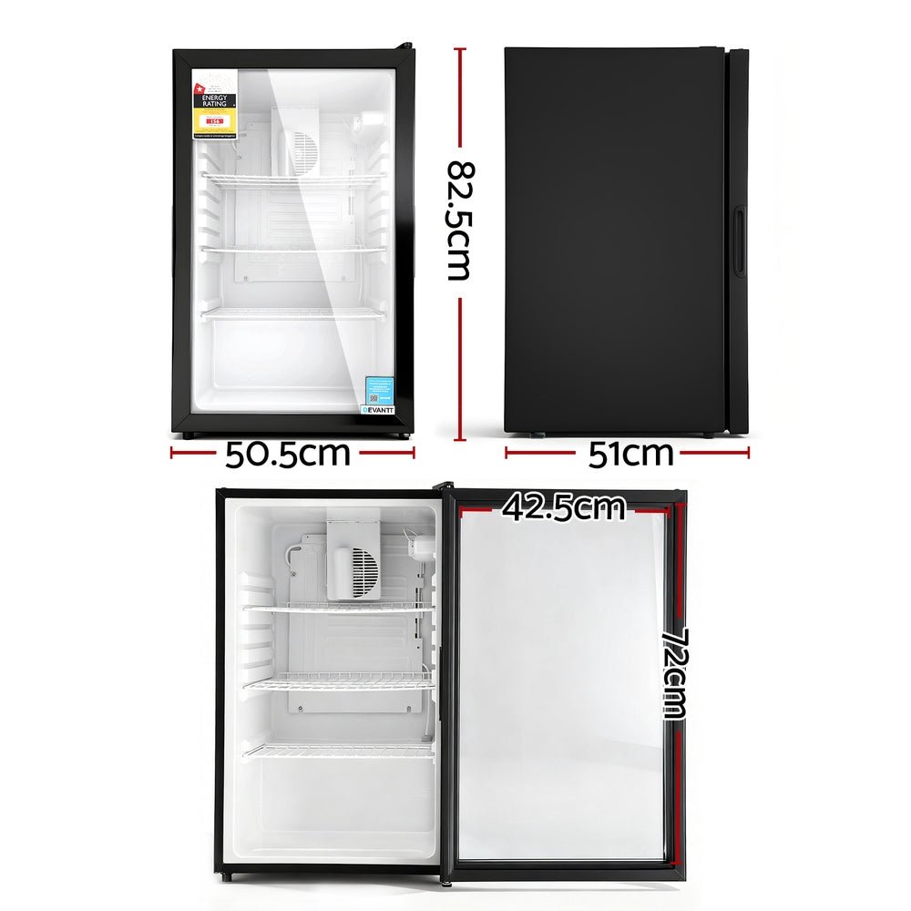 Devanti 105L Bar Fridge Glass Door Mini Fridge Countertop Cooler Black | Outdoorium