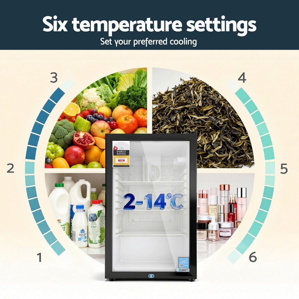Devanti 105L Bar Fridge Glass Door Mini Fridge Countertop Cooler Black | Appliances > Fridges