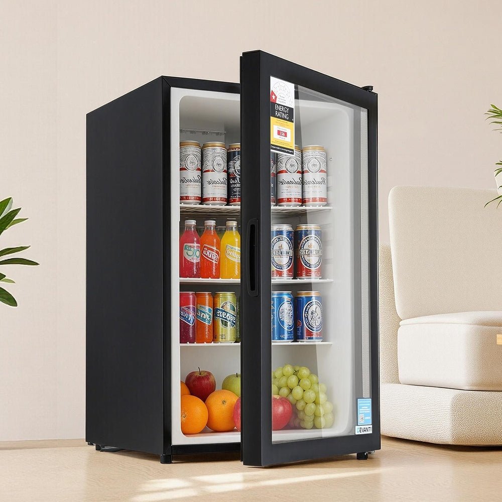 Devanti 105L Bar Fridge Glass Door Mini Fridge Countertop Cooler Black | Outdoorium