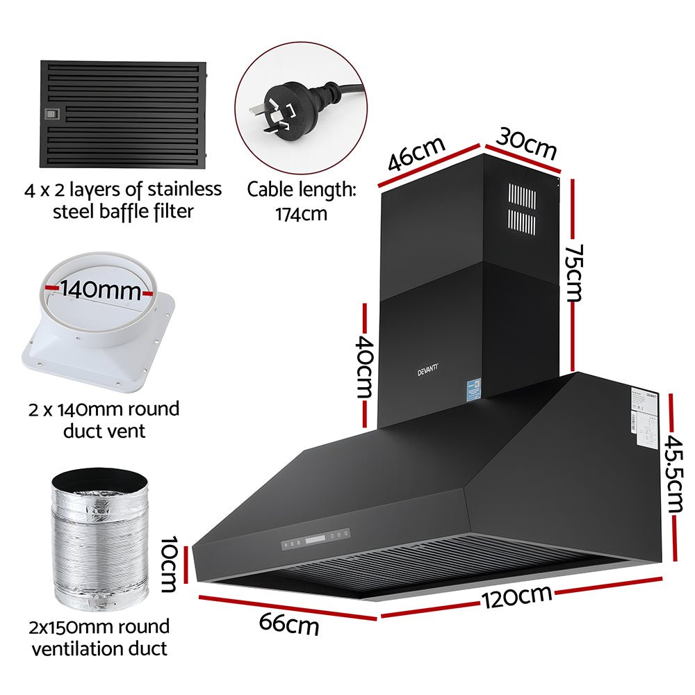 Devanti 1200mm Commercial BBQ Range Hood Dual Motor W/ Remote Control Black | Outdoorium