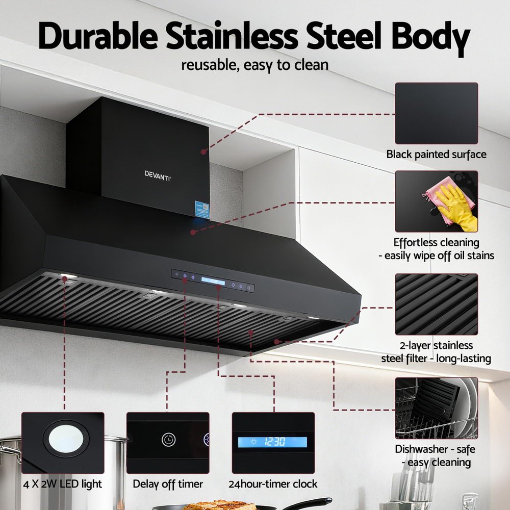 Devanti 1200mm Commercial BBQ Range Hood Dual Motor W/ Remote Control Black | Outdoorium