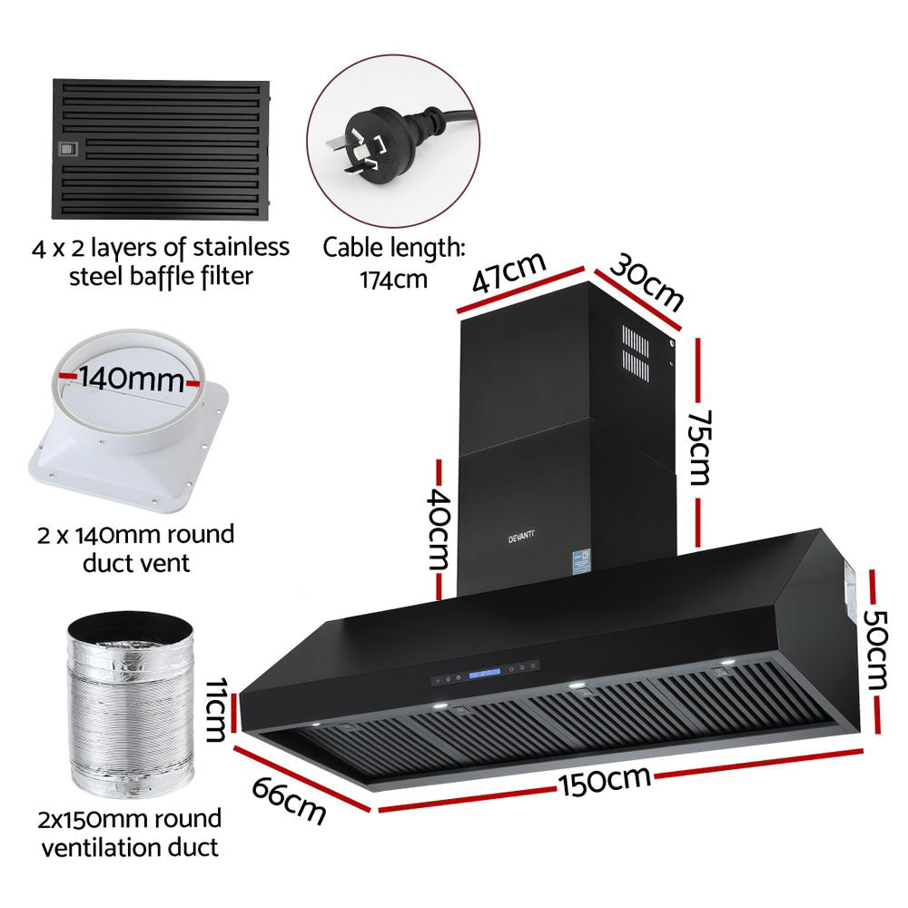 Devanti 1500mm Commercial BBQ Range Hood Dual Motor W/ Remote Control Black | Outdoorium