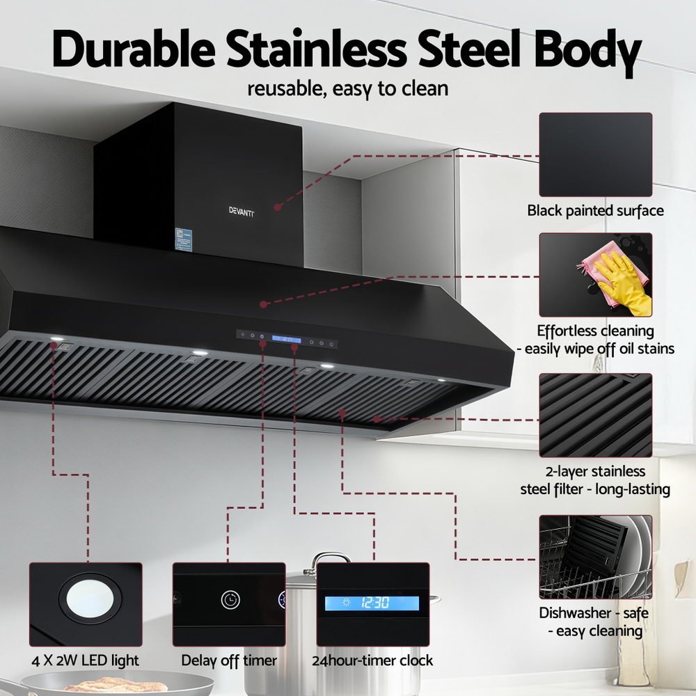 Devanti 1500mm Commercial BBQ Range Hood Dual Motor W/ Remote Control Black | Outdoorium