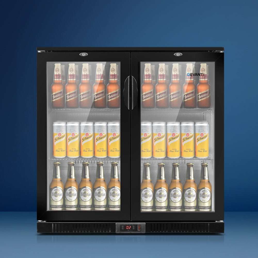 Devanti 198L Bar Fridge Dual Glass Door w/Light Black | Appliances > Fridges