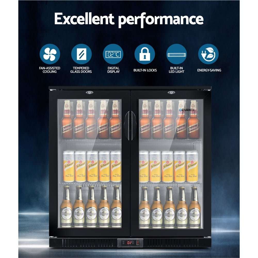 Devanti 198L Bar Fridge Dual Glass Door w/Light Black | Appliances > Fridges