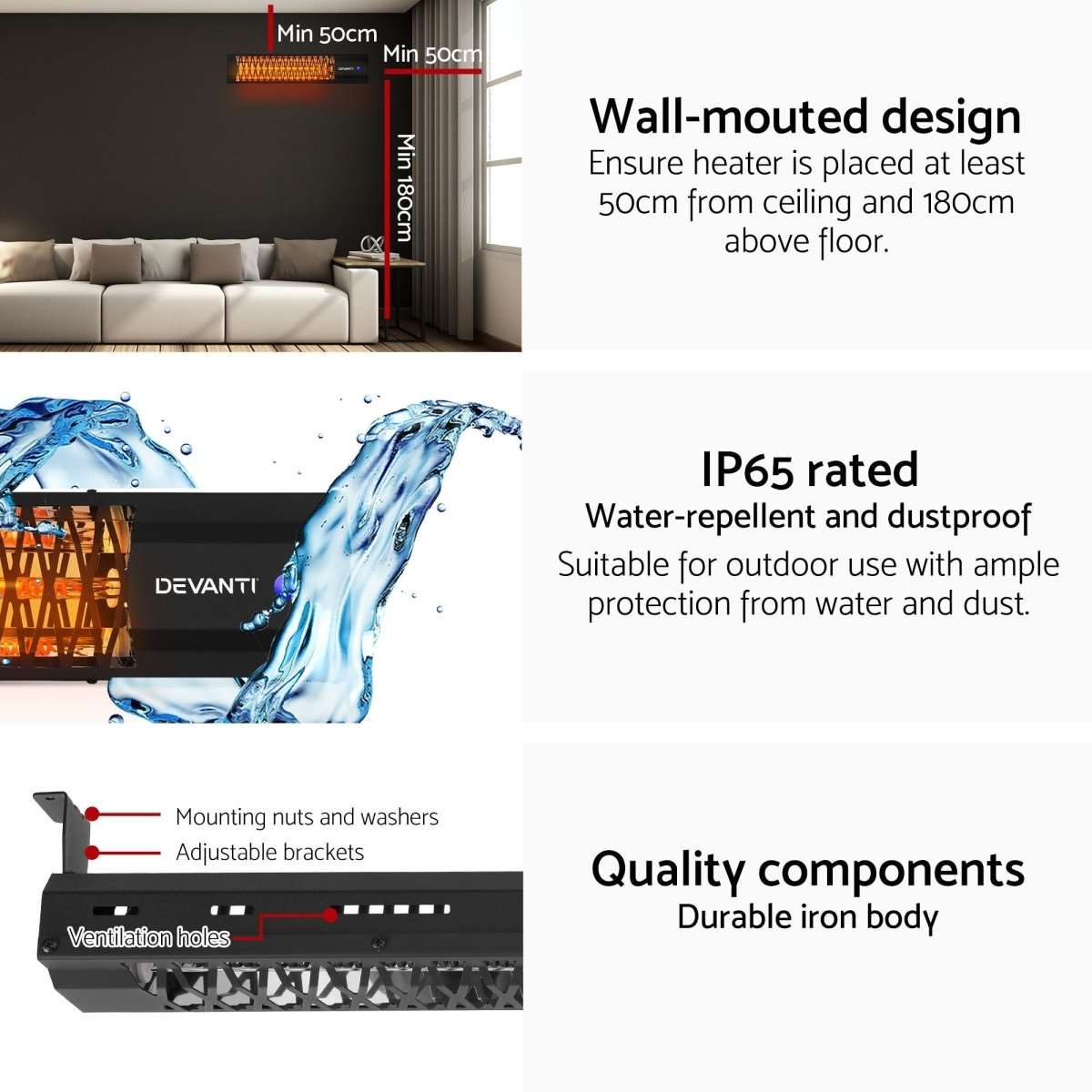Devanti 2PCS Electric Strip Heater Radiant Infrared Heaters 2000W | Appliances > Heaters > Patio Heaters