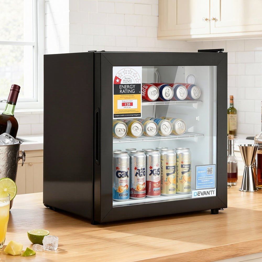 Devanti 40L Bar Fridge Glass Door Mini Fridge Countertop Cooler Black | Outdoorium