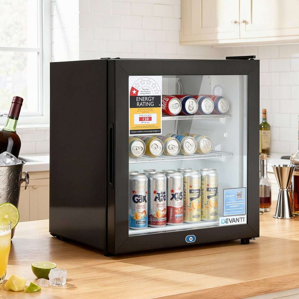 Devanti 40L Bar Fridge Glass Door Mini Fridge Countertop Cooler Black | Appliances > Fridges